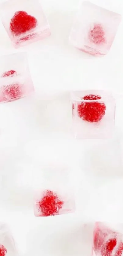 Frozen raspberry ice cubes on white background.