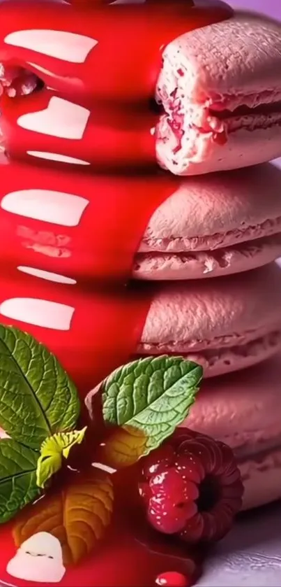 Stack of pink macarons with raspberry sauce and mint garnish.