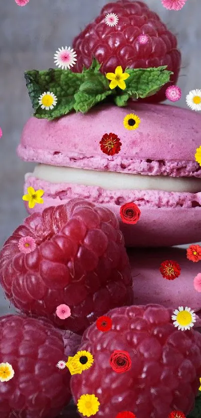 Pink macarons with raspberries on wooden background.