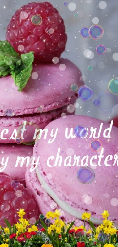 Raspberry macarons with mint leaves and flowers on a decorative background.