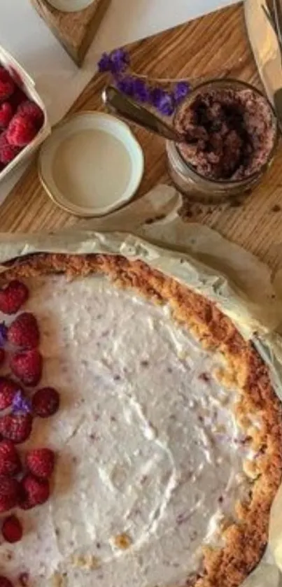 Rustic raspberry tart with cream topping and berries on a wooden table.