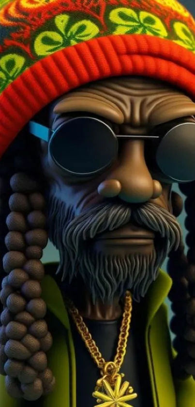 Rasta cartoon character with hat and sunglasses on a green backdrop.