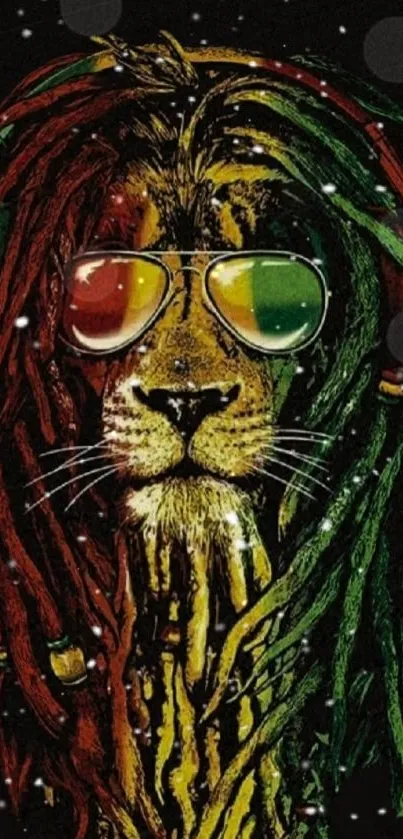 Rasta lion with reggae colors and headphones in vibrant artwork.