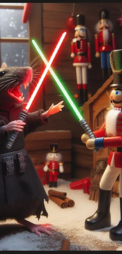 Toy rat and nutcracker engaged in a playful lightsaber duel with a Christmas theme.