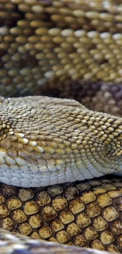 Coiled rattlesnake with textured scales and earthy brown tones.