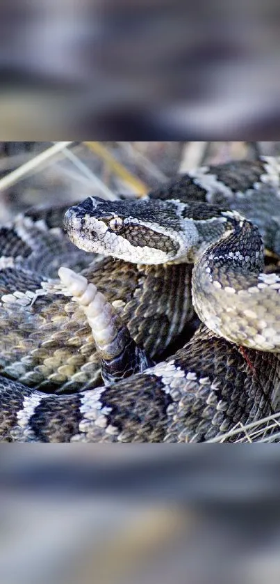 Coiled rattlesnake in natural habitat with textured scales.