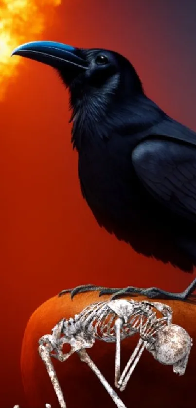 Raven perched beside a vibrant flame on an orange background with a skeleton.