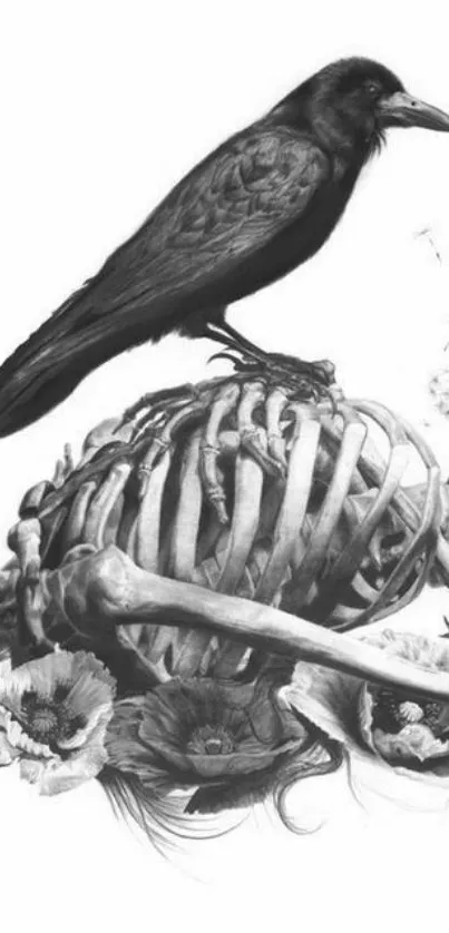 Black raven on skeleton with flowers in grayscale.