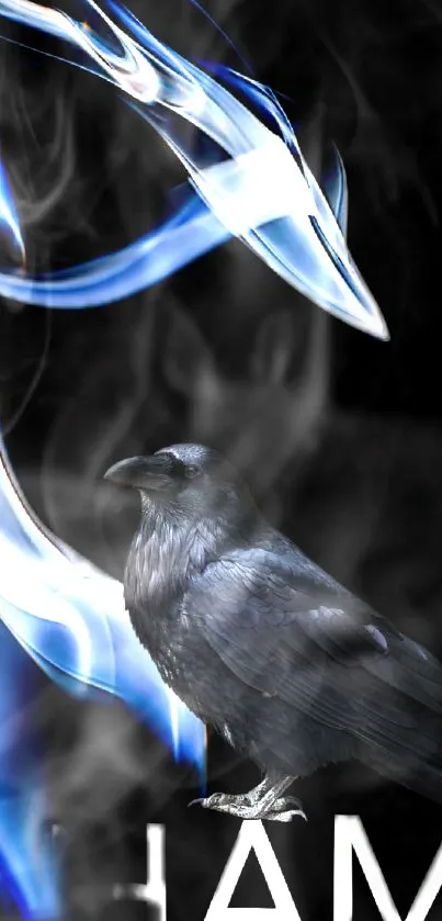 Raven amidst swirling blue smoke with a dark background.