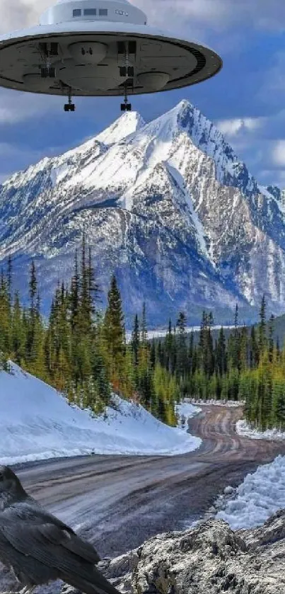 Raven and UFO hover over snowy mountain landscape.