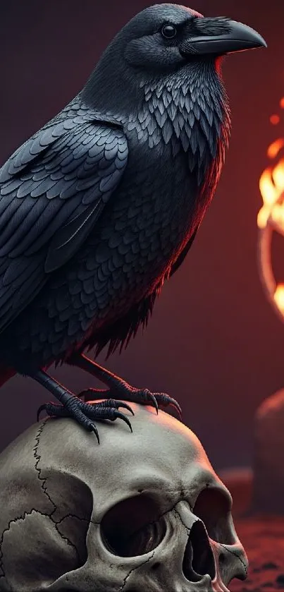 Raven perched on skull with fiery backdrop mobile wallpaper.