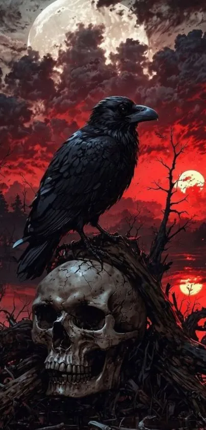 Raven perched on a skull under a dramatic red sky.