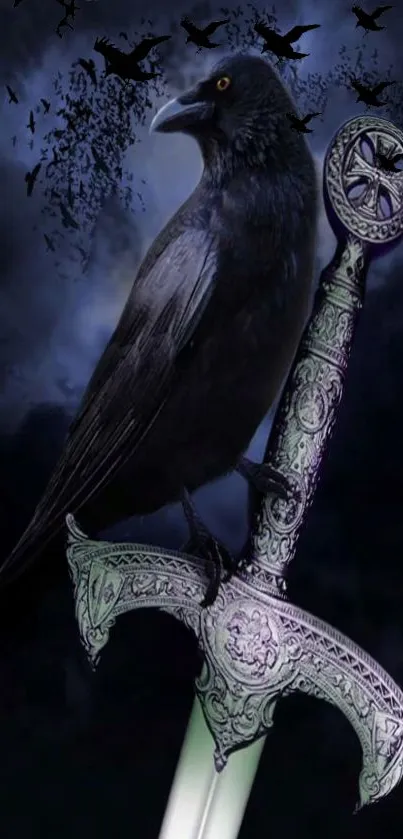 Mysterious raven perched on a decorative sword against a dark, cloudy sky.