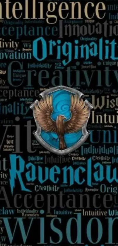 Ravenclaw themed wallpaper with eagle crest surrounded by inspiring words.