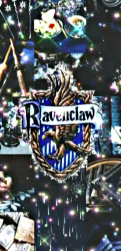 Ravenclaw themed wallpaper with crest, wands, and books in dark colors.