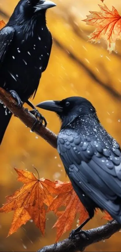 Two ravens perched on branches with orange autumn leaves and raindrops.