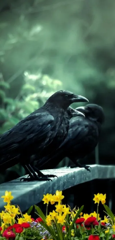 Two ravens perch on a bridge above colorful flowers in a misty green setting.