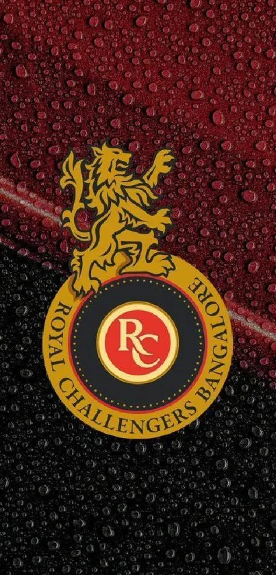 RCB logo on red and black textured background.