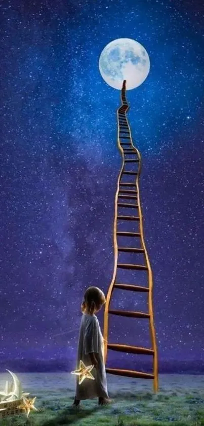 Child reaches for the sky using a ladder to the moon, surrounded by stars.