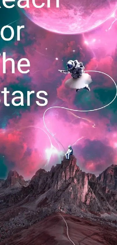 Astronauts exploring a surreal pink sky above mountains with 'Reach for the Stars' text.