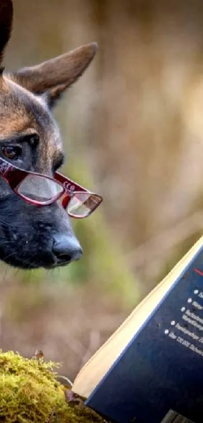 Dog wearing glasses reading a book in nature setting.