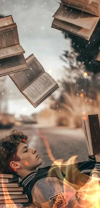 Surreal wallpaper of person reading with floating books and flames.