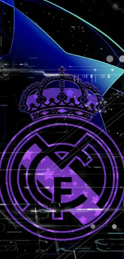 Purple Real Madrid crest on a starry black background wallpaper.