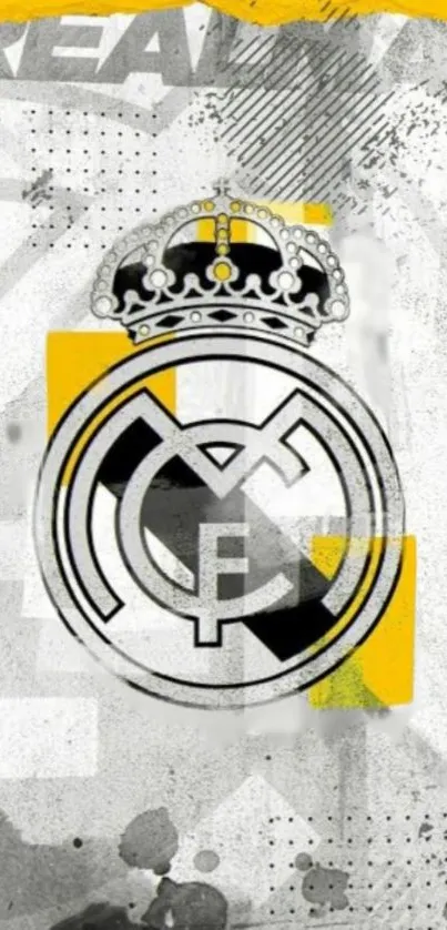 Real Madrid logo wallpaper in yellow abstract style.