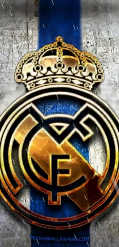 Real Madrid logo with gold details on a blue and silver background.