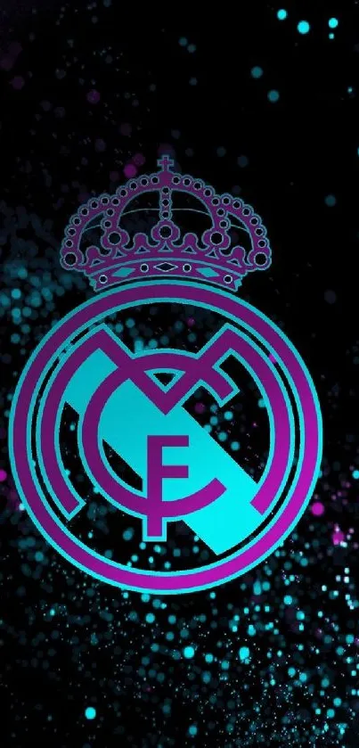 Real Madrid logo with blue and purple accents on a dark background.