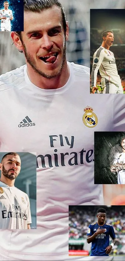 Real Madrid football players collage wallpaper with dynamic action imagery.