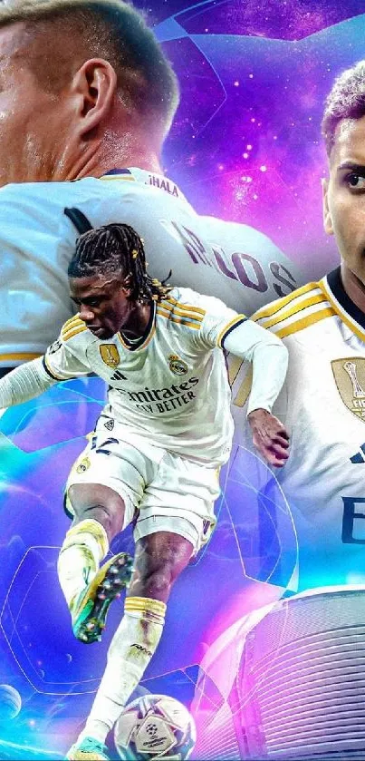 Real Madrid soccer stars in vibrant action wallpaper.