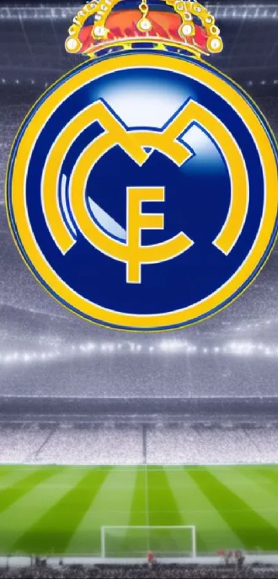 Real Madrid emblem over stadium background.