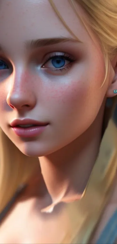 Realistic digital art of a blonde girl with blue eyes for mobile wallpaper.