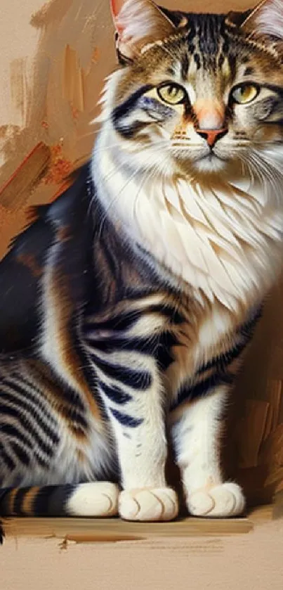 Realistic painting of a majestic cat on a taupe background.