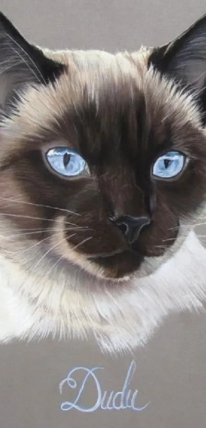 Realistic cat portrait with blue eyes on a gray background.