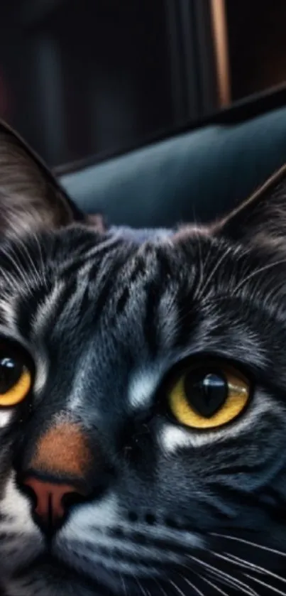 Realistic close-up of a cat with vivid yellow eyes and detailed fur texture.