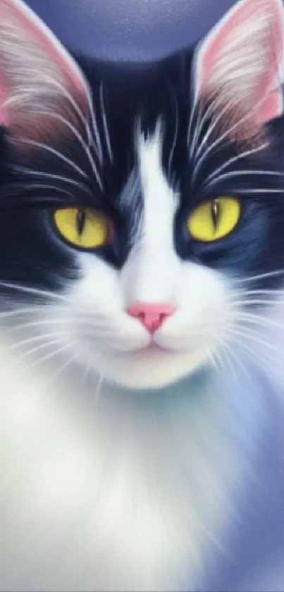 Realistic black and white cat with yellow eyes on a purple background.