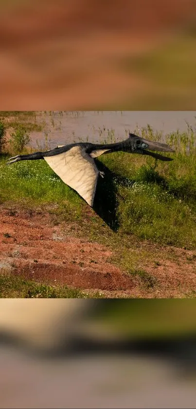 Realistic dinosaur flying over lush landscape with greenery.