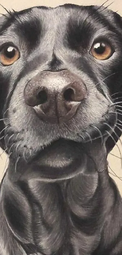 Realistic black dog portrait in grayscale for mobile wallpaper.