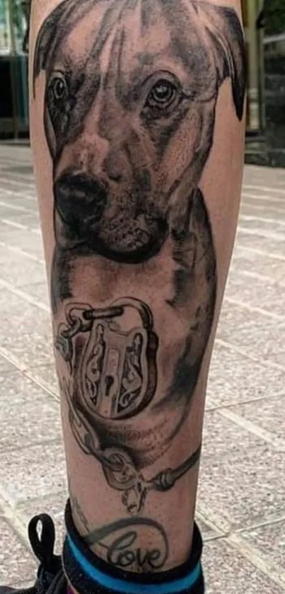 Realistic dog tattoo art on a leg with detailed shading.