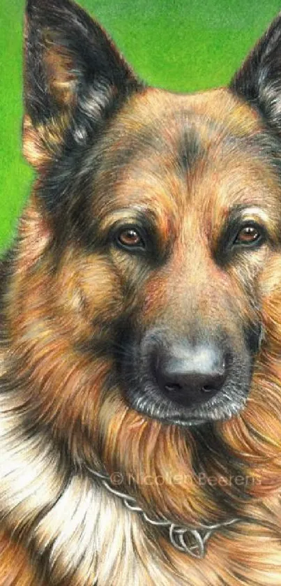 Realistic German Shepherd art with green background