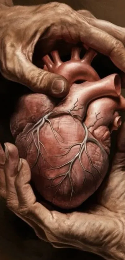 Realistic illustration of a human heart held in hands.