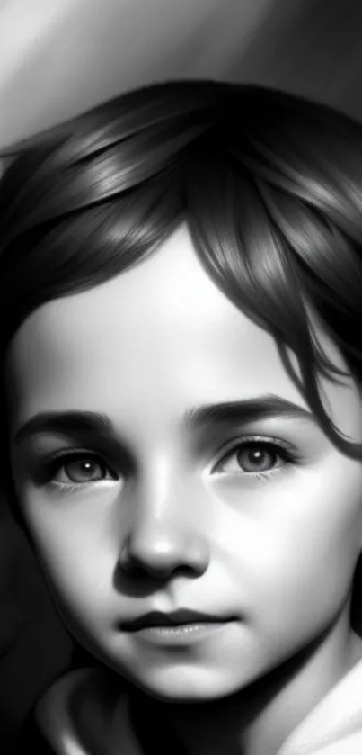 Realistic monochrome child portrait wallpaper art.