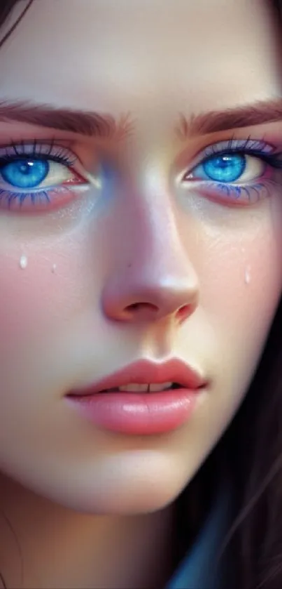 Realistic portrait of a sad woman with blue eyes, perfect for mobile wallpaper.