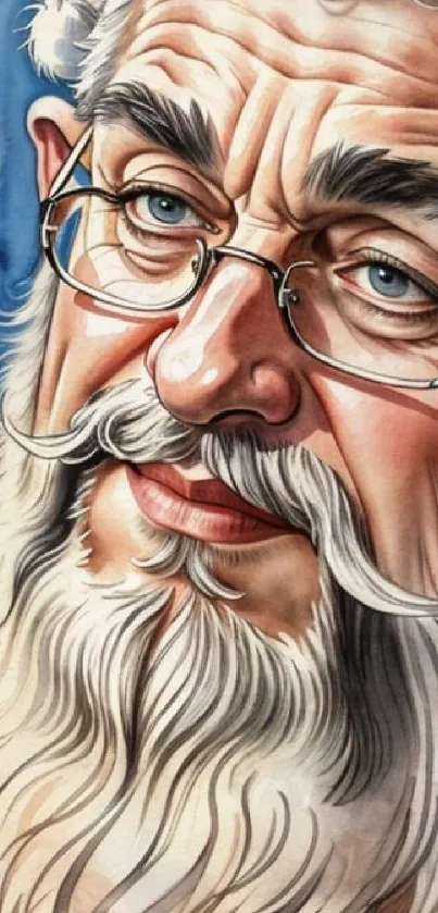 Detailed illustration of Santa Claus with glasses and white beard.