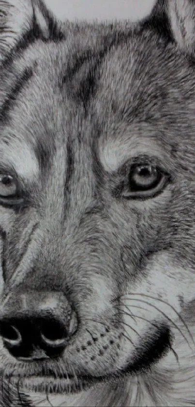 Realistic pencil drawing of a Tamaskan Dog with intricate details.