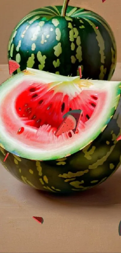 Realistic painting of a detailed watermelon with halved and whole fruit.