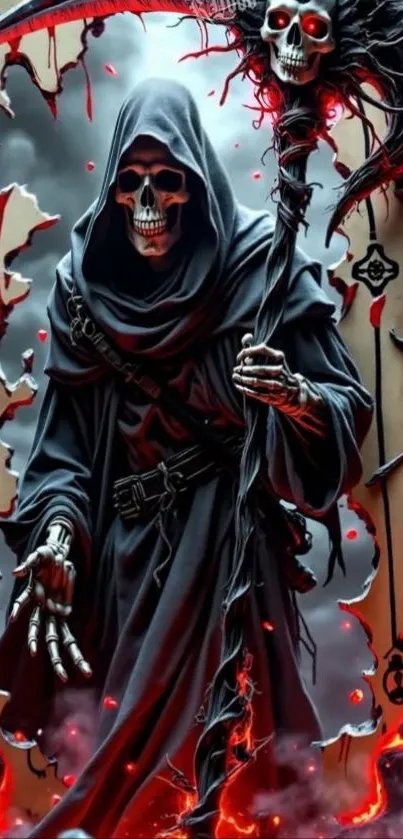 Skeletal reaper with fiery background art.
