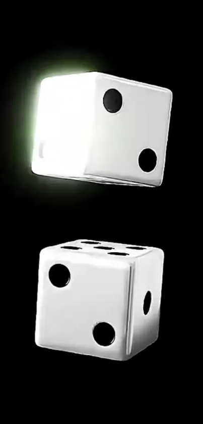 Two white dice on a black background.